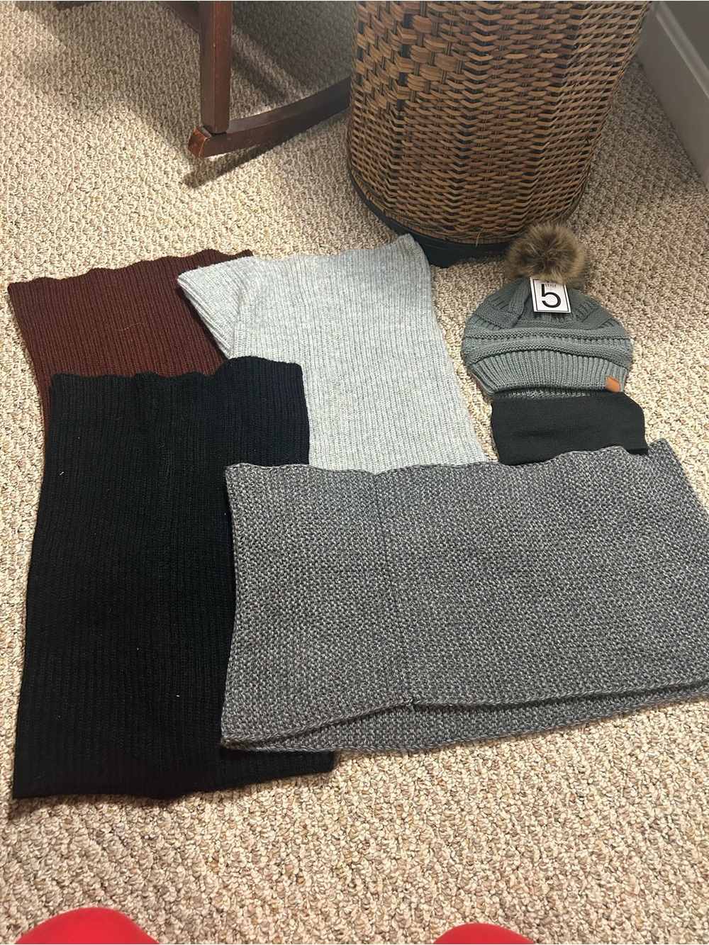 Goodfellow & Co Gray Knit Scarf and Beanie Set with Faux Fur Pom